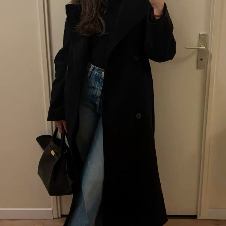 ZEYA Feline Long Belted High Collar Coat in Black