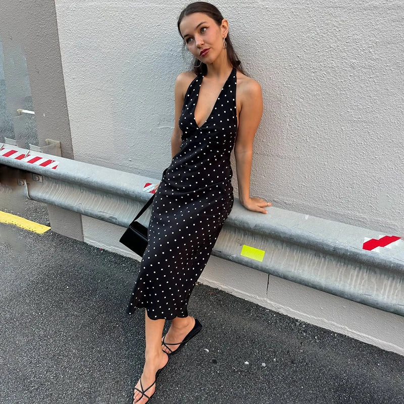 Rochie midi cu buline și guler halter Zoe