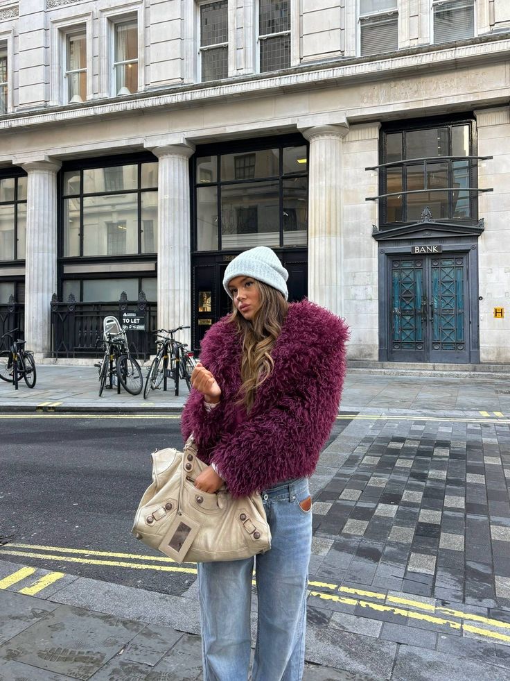 ZEYA Almira Fuzzy Faux Fur Coat in Burgundy