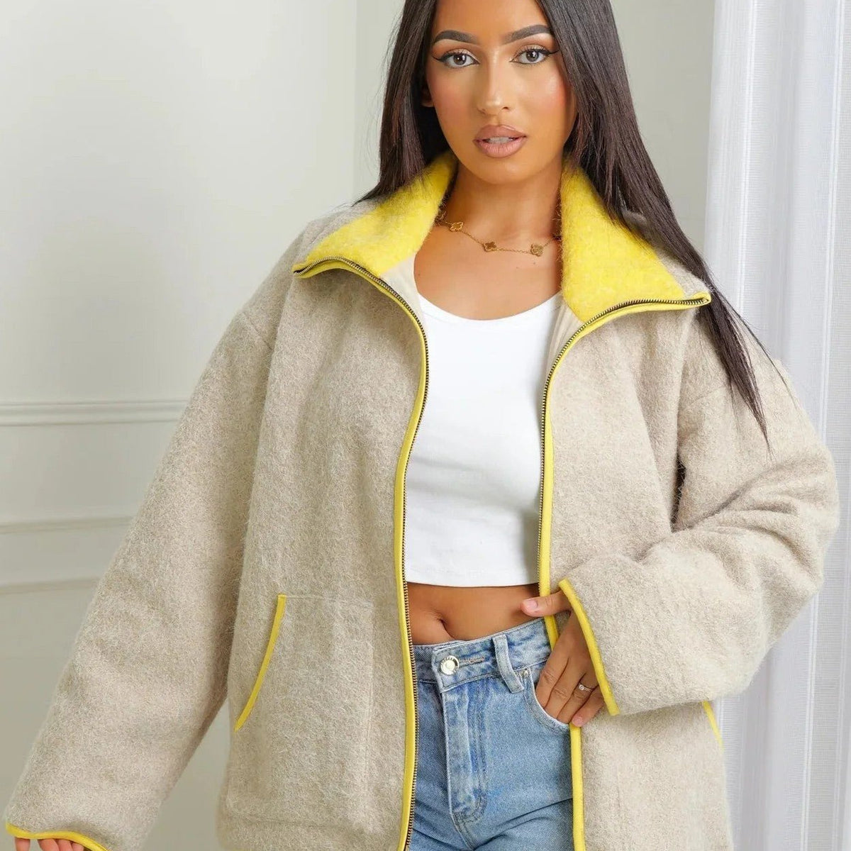 ZEYA - Chloe Stand Collar Contrast Knit Pilot Jacket