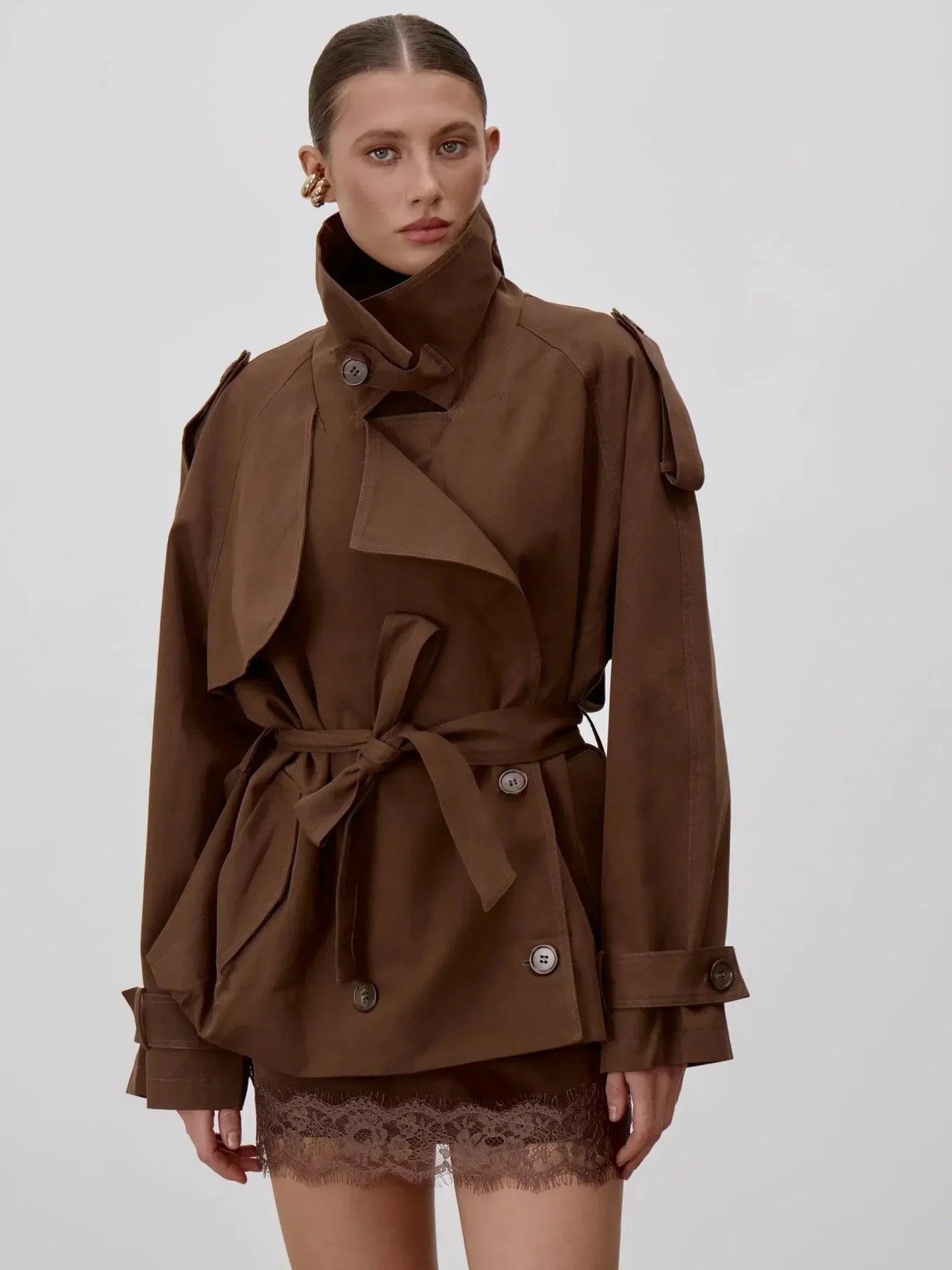 ZEYA - Donna Lace Up Stand Collar Trenchcoat