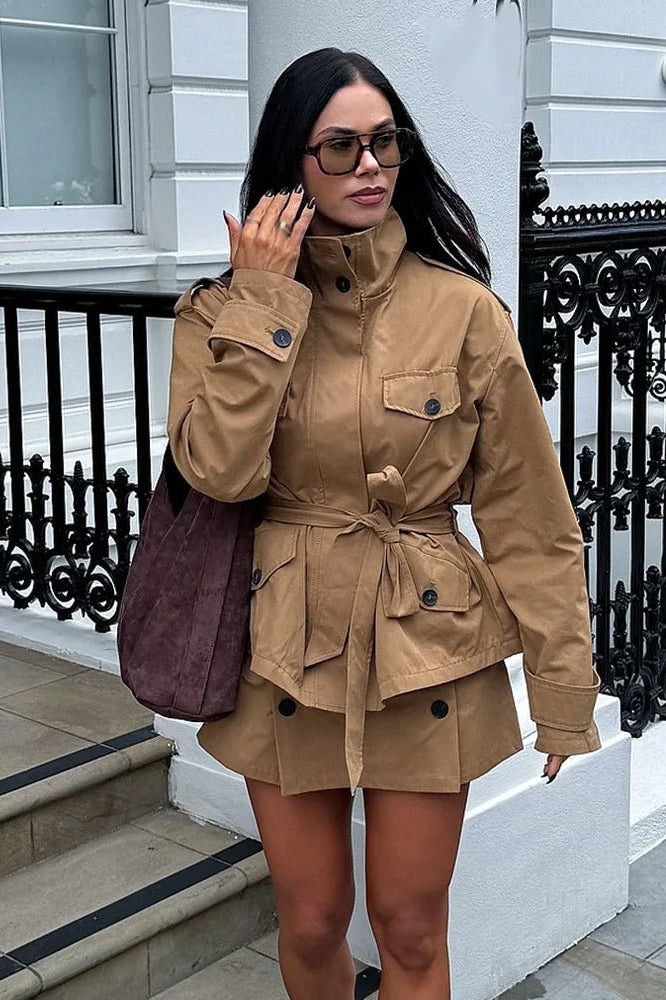 ZEYA - Emily High Collar Belted Jacket & Skort Set
