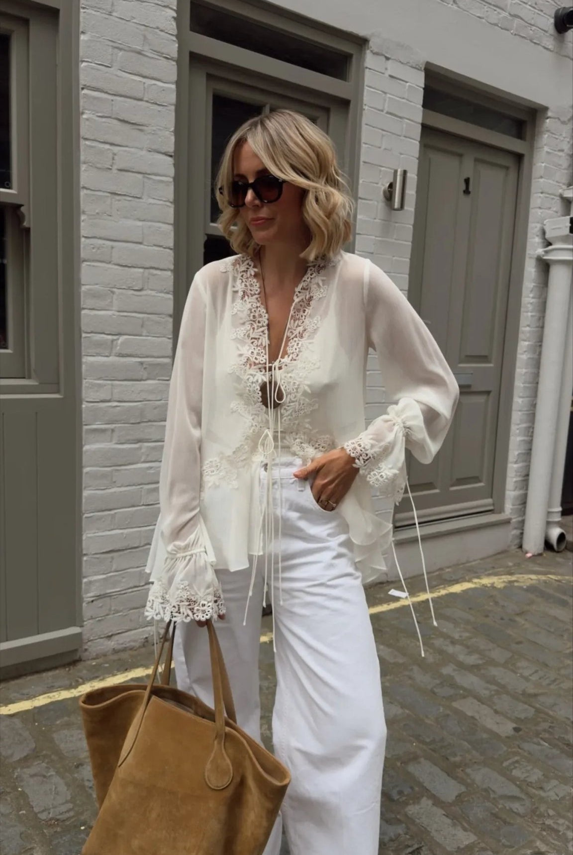 ZEYA - Halle Front-Tie Lace Appliqué Top