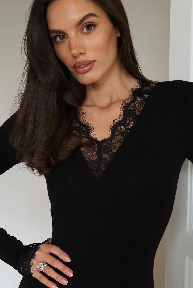 ZEYA - Hilda Lace Trim Slim Long Sleeve Mini Dress