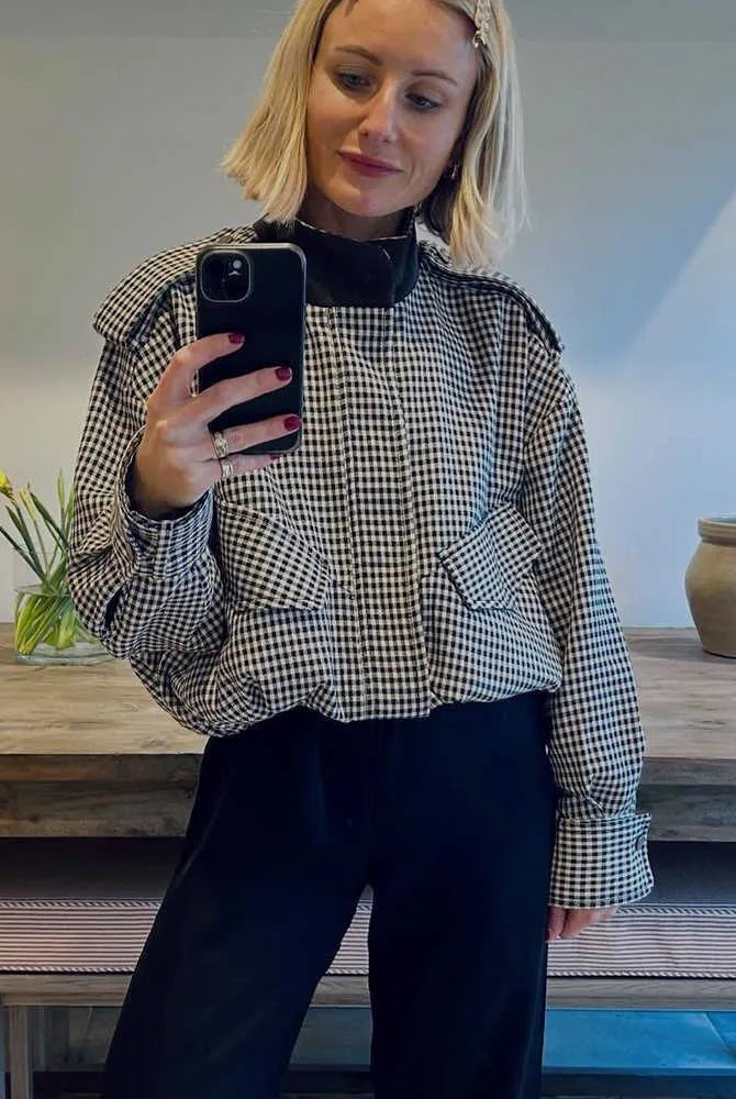 ZEYA - Lisa High Neck Checked Bomber Jacket