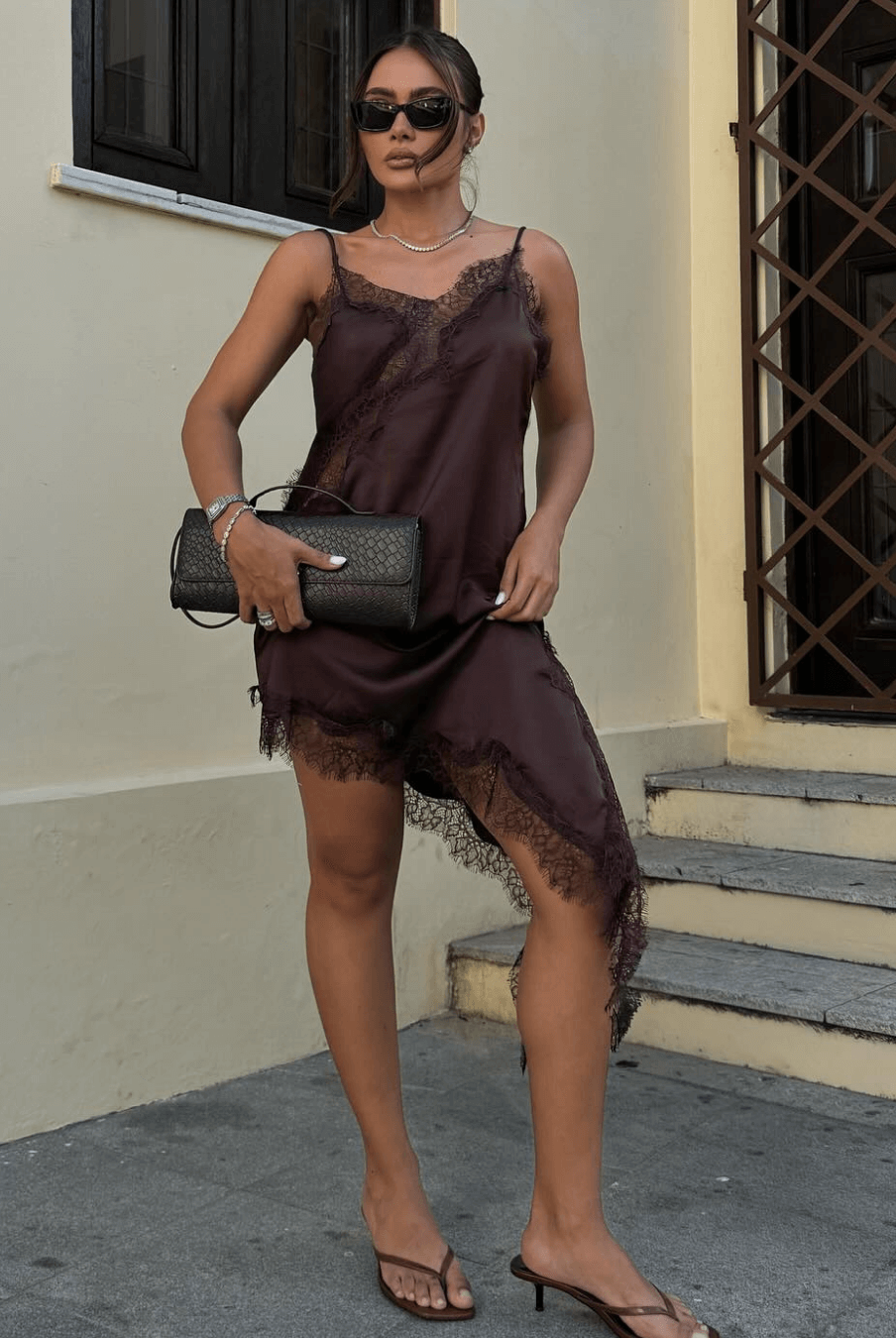 ZEYA - Sophia Asymmetric Satin Lace Midi Dress