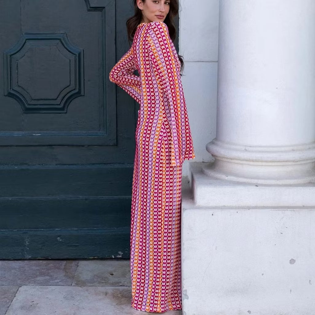 Sophia Crochet Stripe Flare Sleeve Maxi Dress