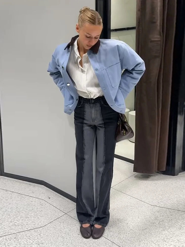 Casual Blue Women's Jacket with Multiple Patch Pockets, Corduroy Collar, Single Breasted, Chic Spring Coat for Women 5