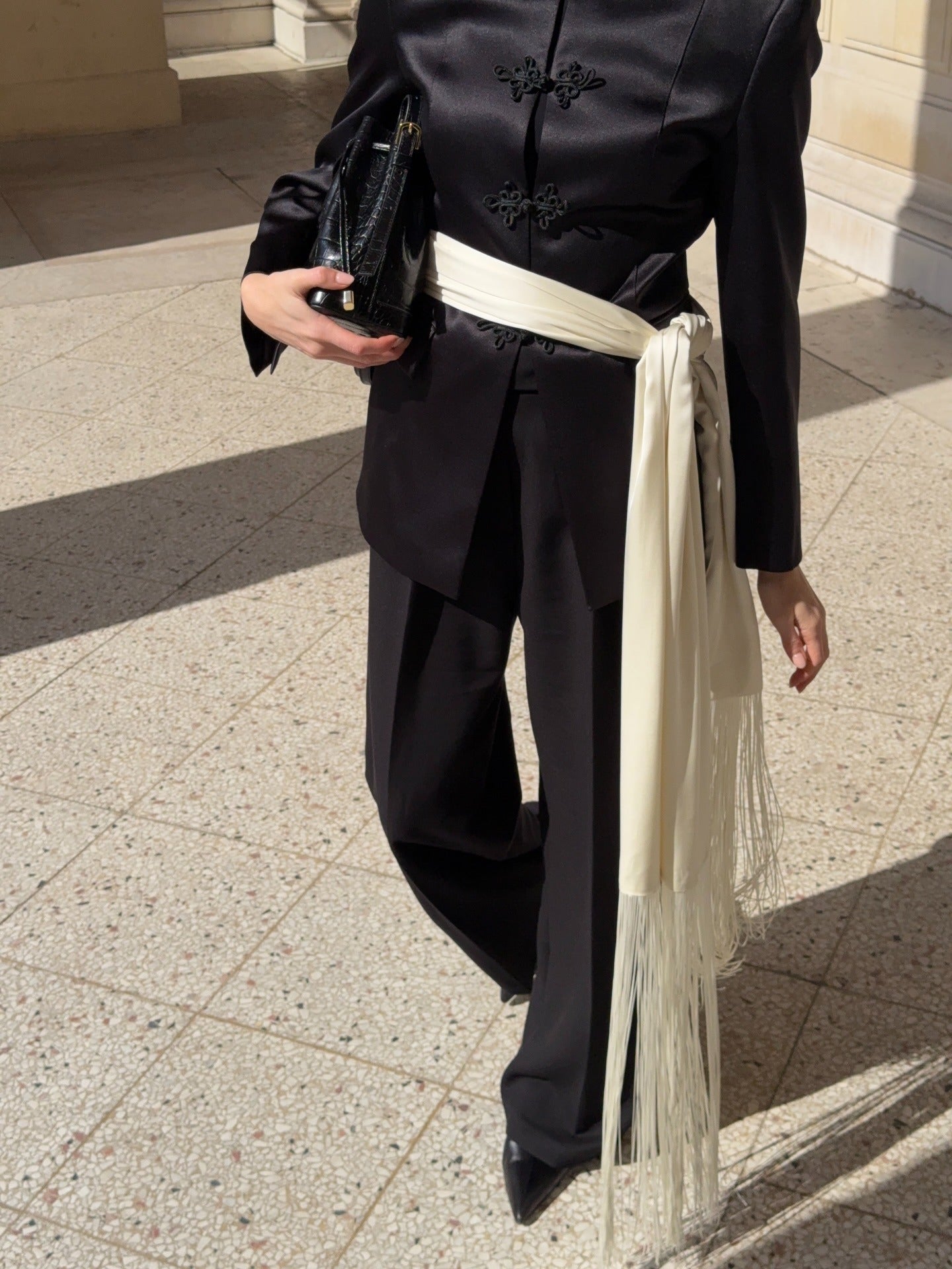 Amelie Fringe Tassel Satin Scarf Belt
