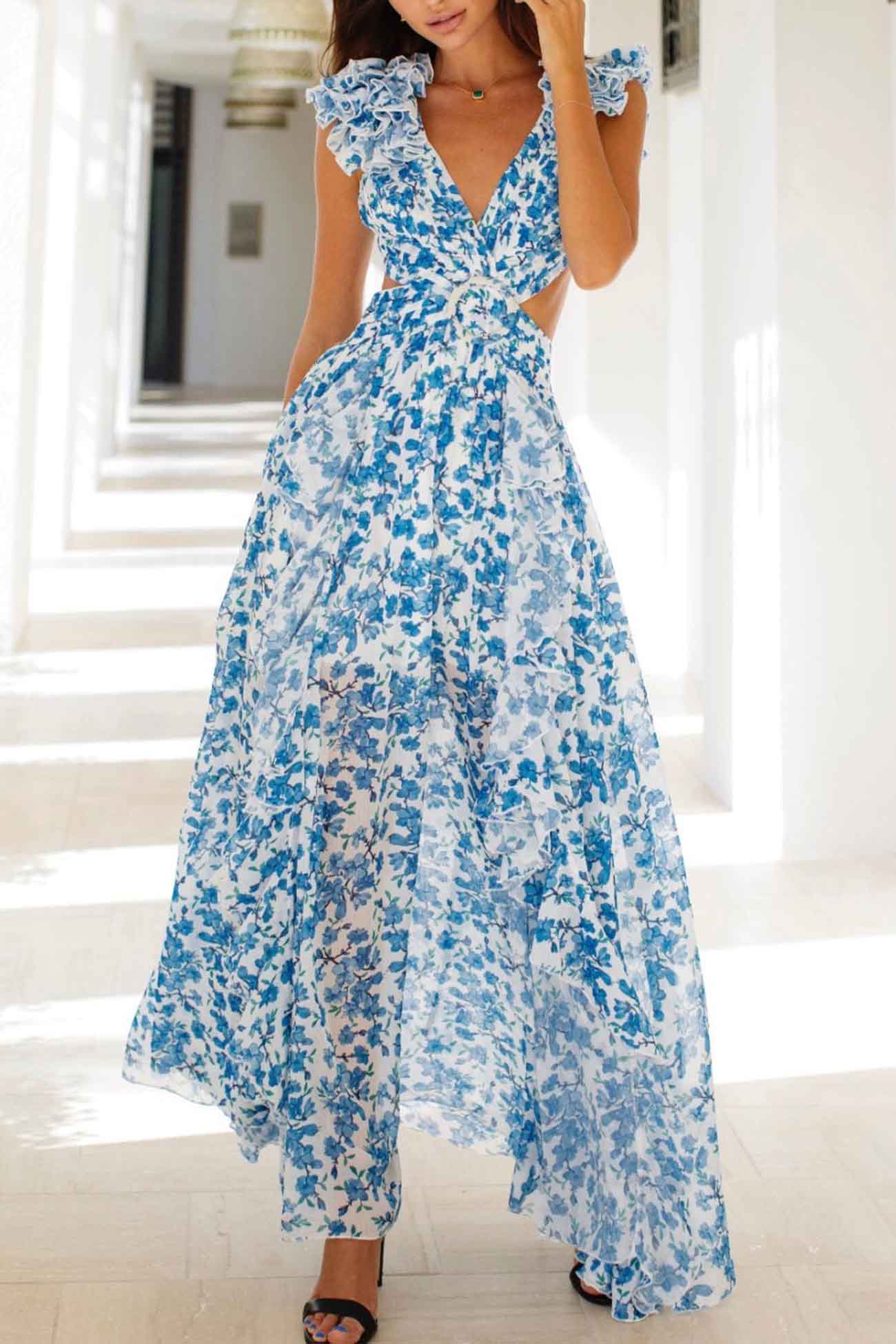 Rochie maxi Katya cu flori și mâneci cu volane