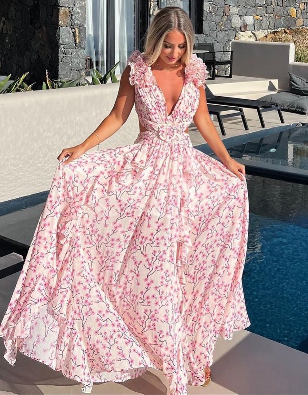 Rochie maxi Katya cu flori și mâneci cu volane