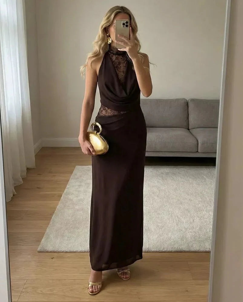 Rochie maxi Sienna din dantelă cu guler halter