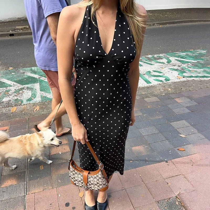 Rochie midi cu buline și guler halter Zoe