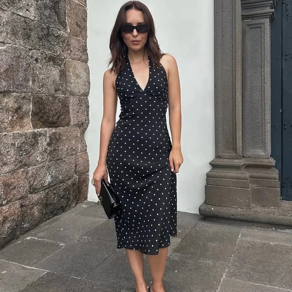 Rochie midi cu buline și guler halter Zoe