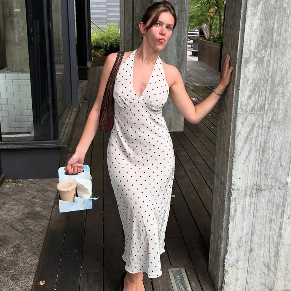 Rochie midi cu buline și guler halter Zoe