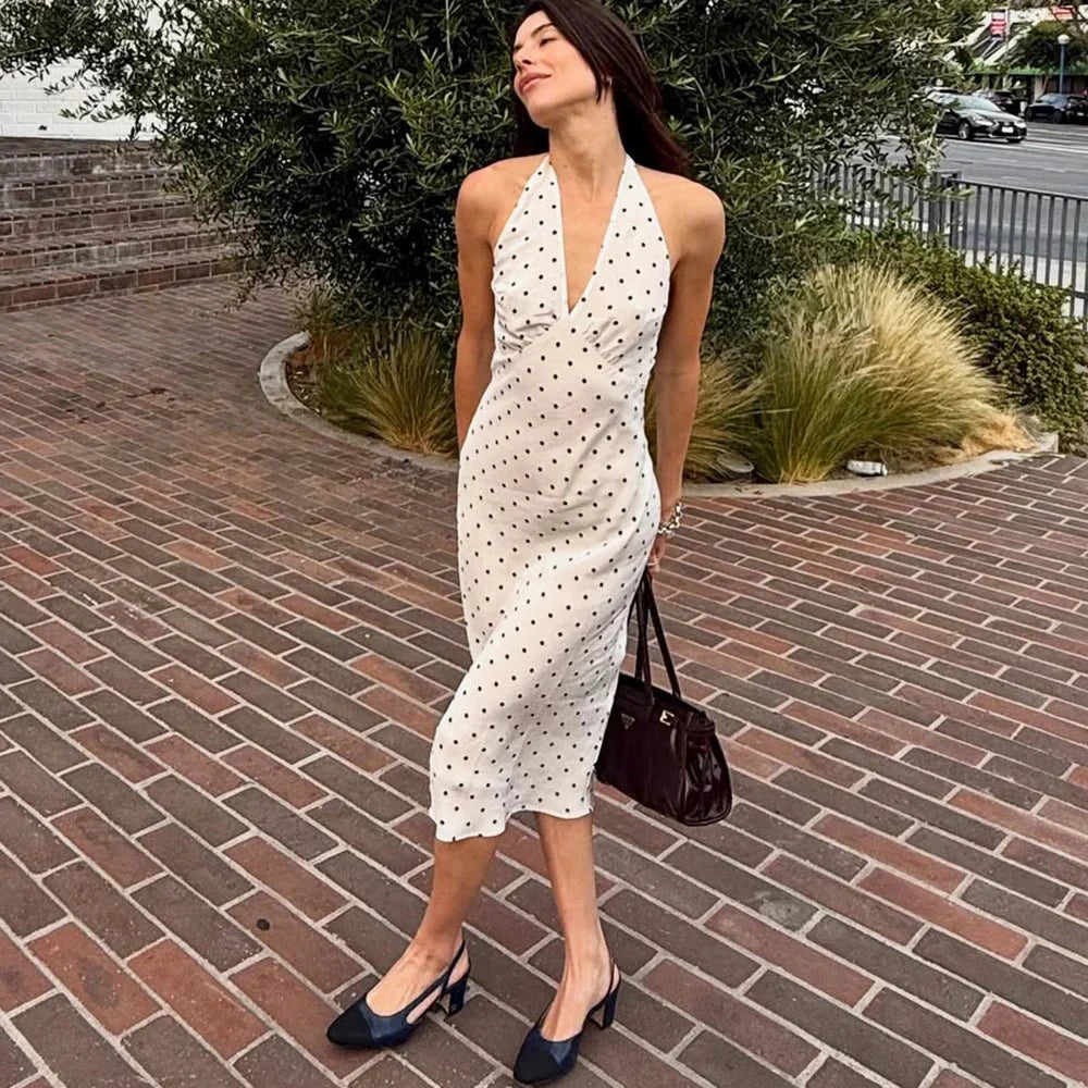 Rochie midi cu buline și guler halter Zoe