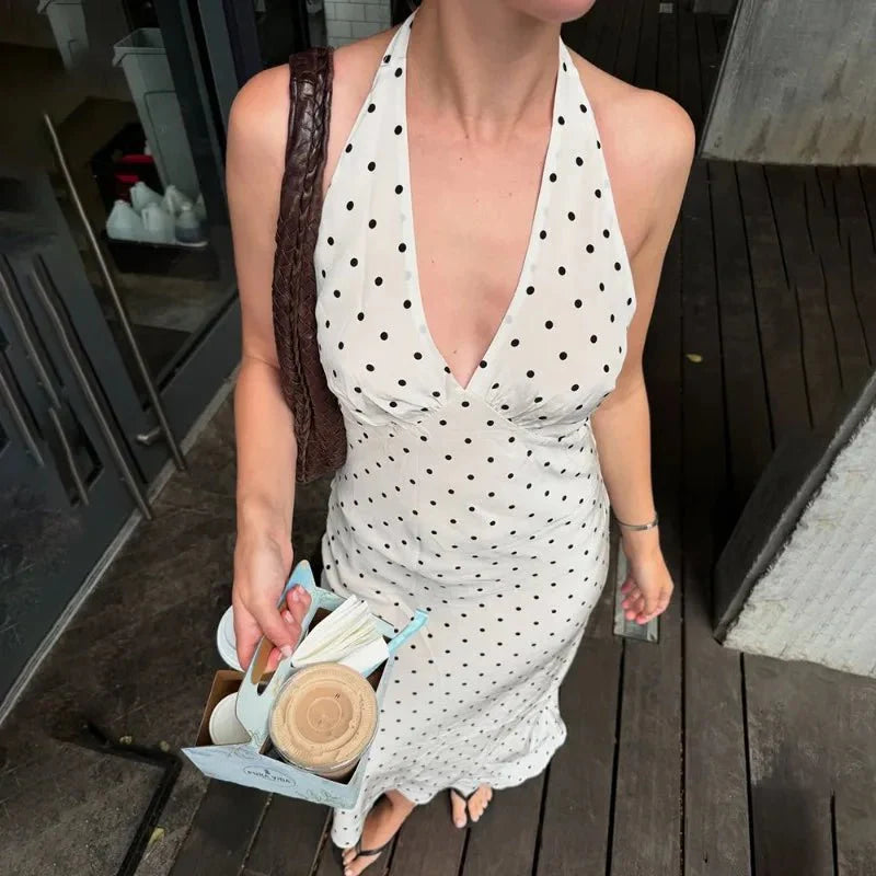 Rochie midi cu buline și guler halter Zoe