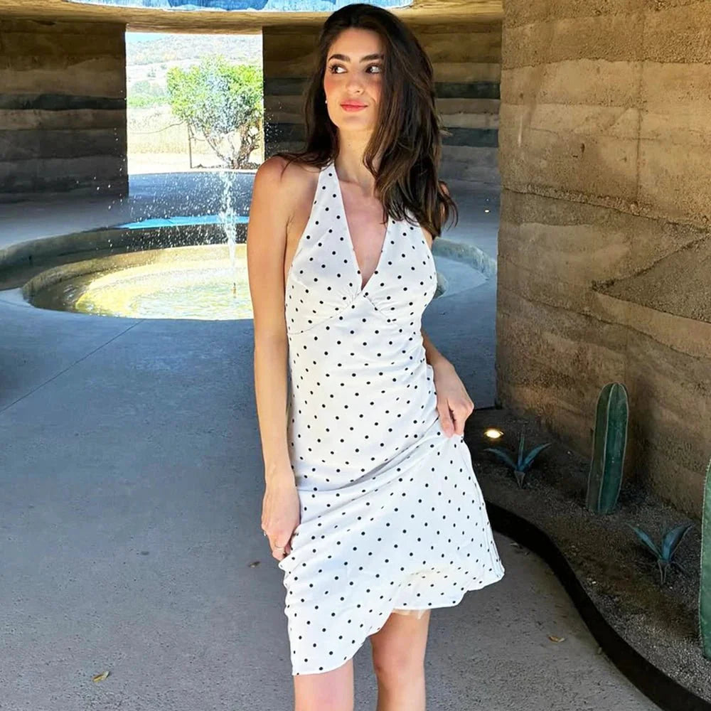 Rochie midi cu buline și guler halter Zoe