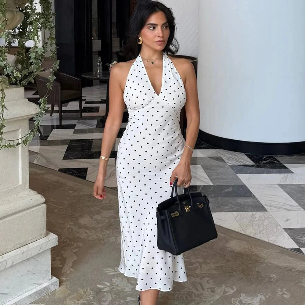 Rochie midi cu buline și guler halter Zoe