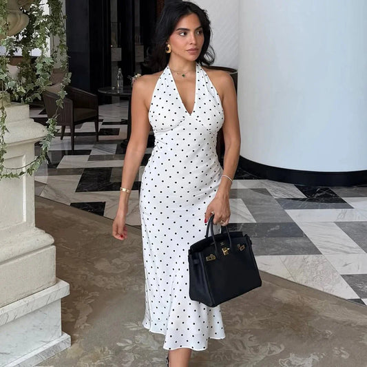 Rochie midi cu buline și guler halter Zoe