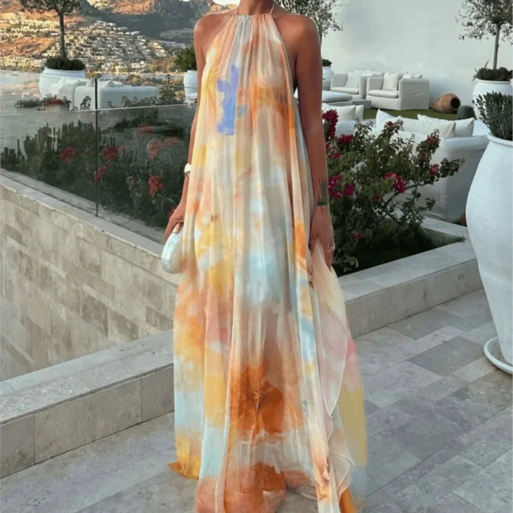 Rochie maxi Megan cu guler halter și șireturi