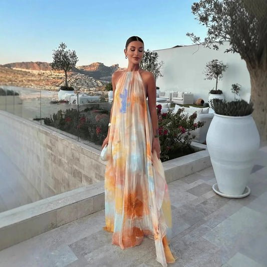 Rochie maxi Megan cu guler halter și șireturi