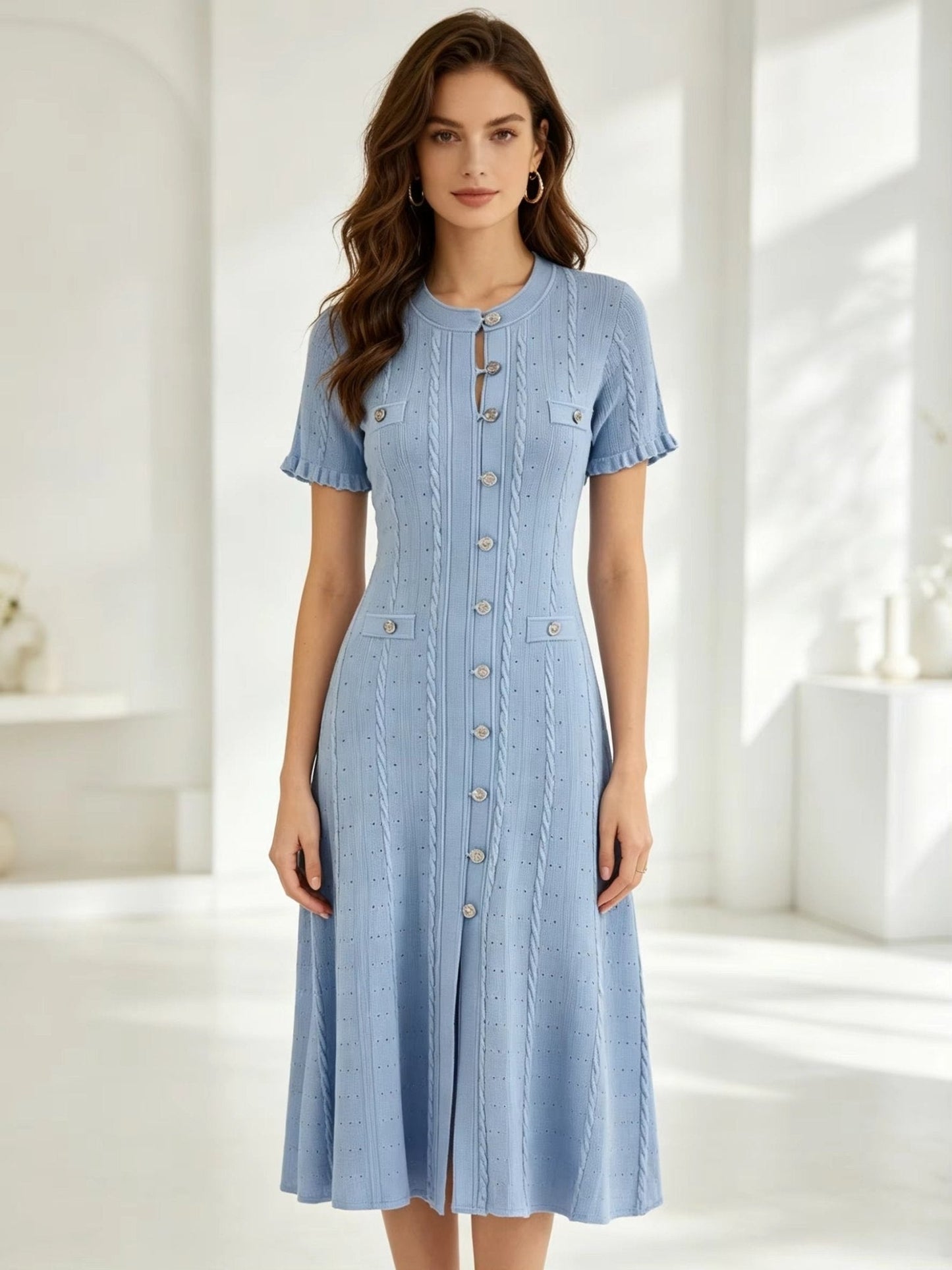 Rochie midi tricotată Margot cu nasturi în față