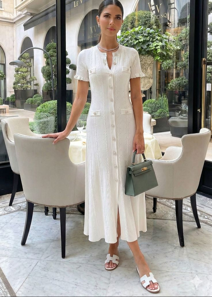 Rochie midi tricotată Margot cu nasturi în față
