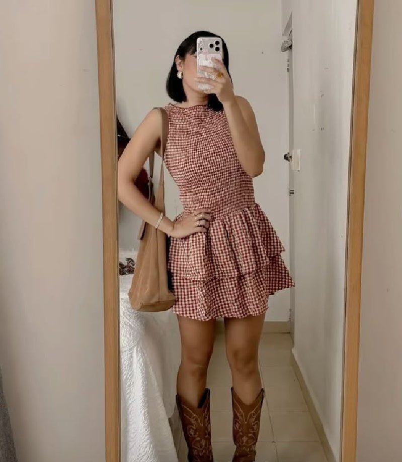 Μίνι φόρεμα Linda Plaid με σμόκιν λεπτομέρειες