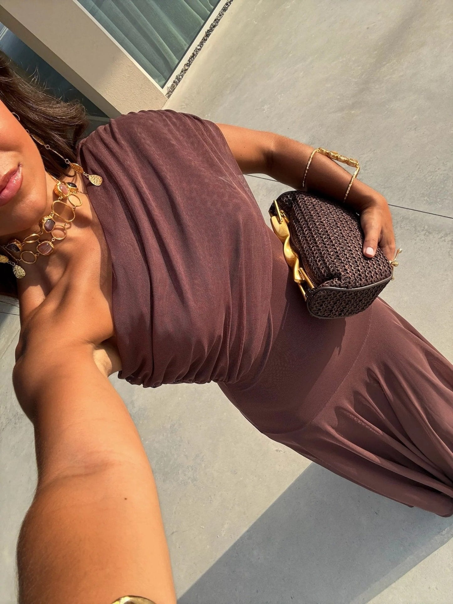 Cecile off-shoulder gerimpelde maxi-jurk