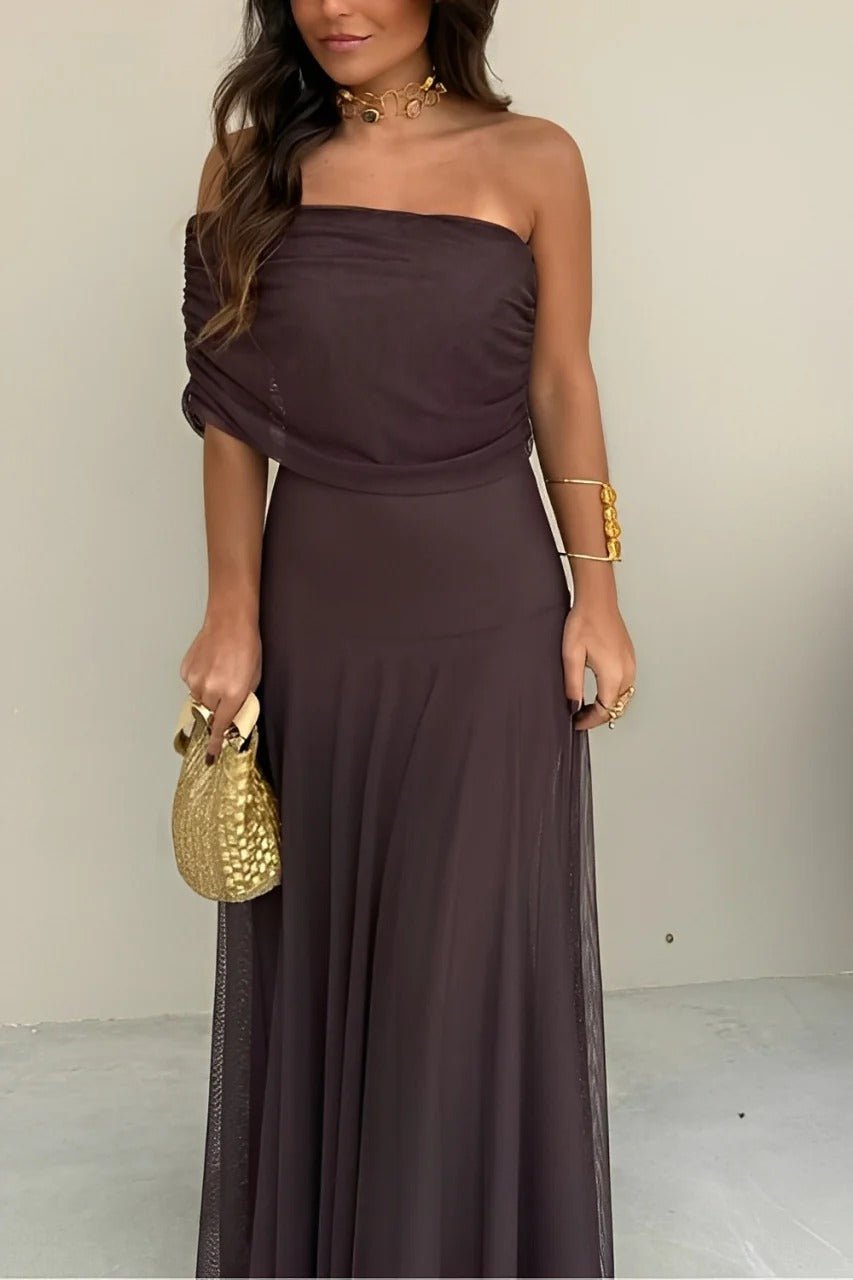 Cecile off-shoulder gerimpelde maxi-jurk