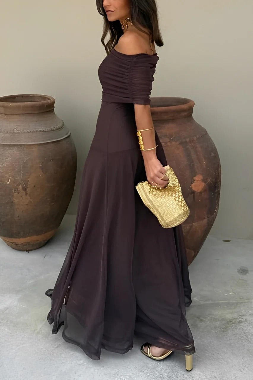 Cecile off-shoulder gerimpelde maxi-jurk