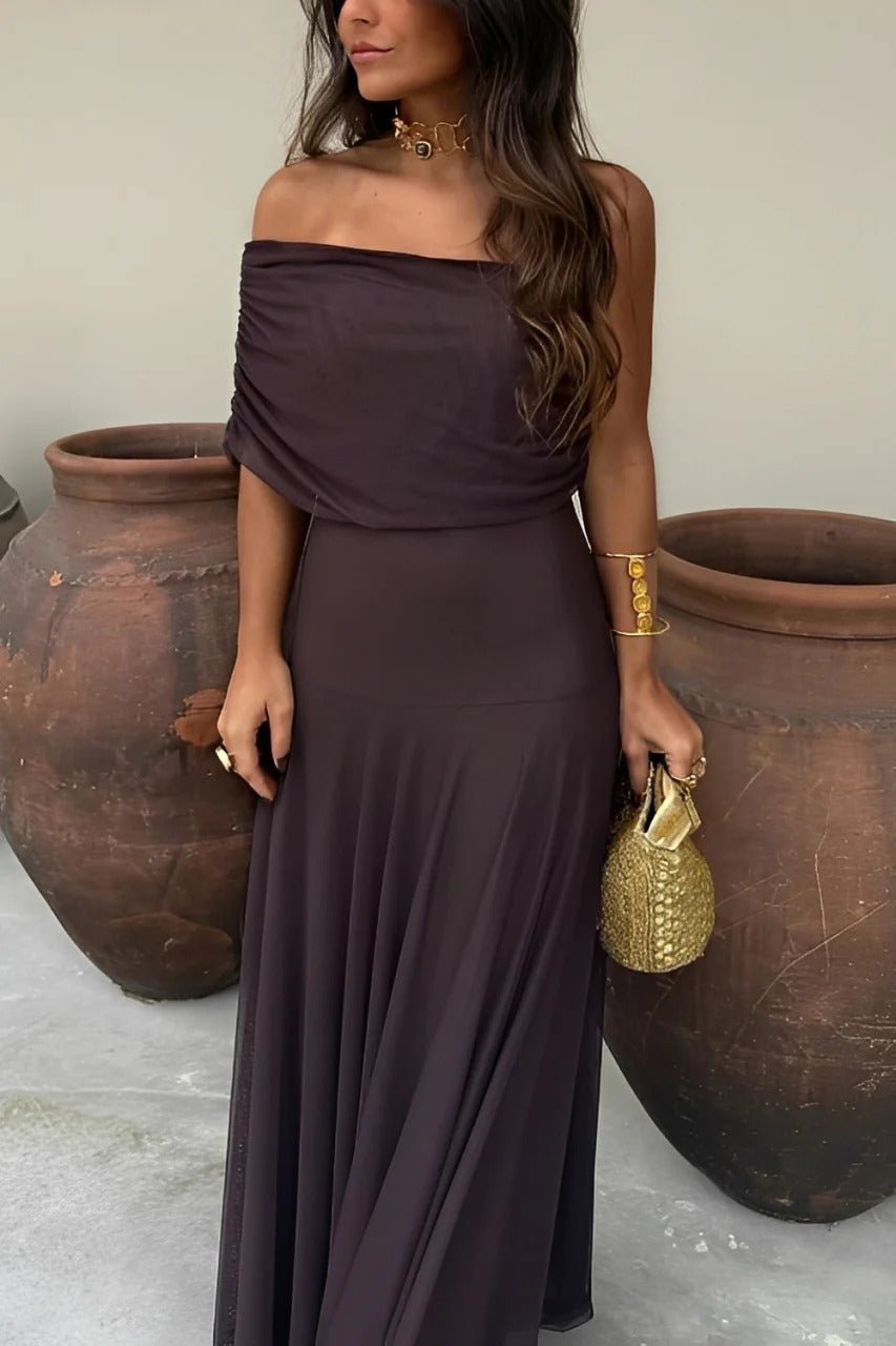 Cecile off-shoulder gerimpelde maxi-jurk