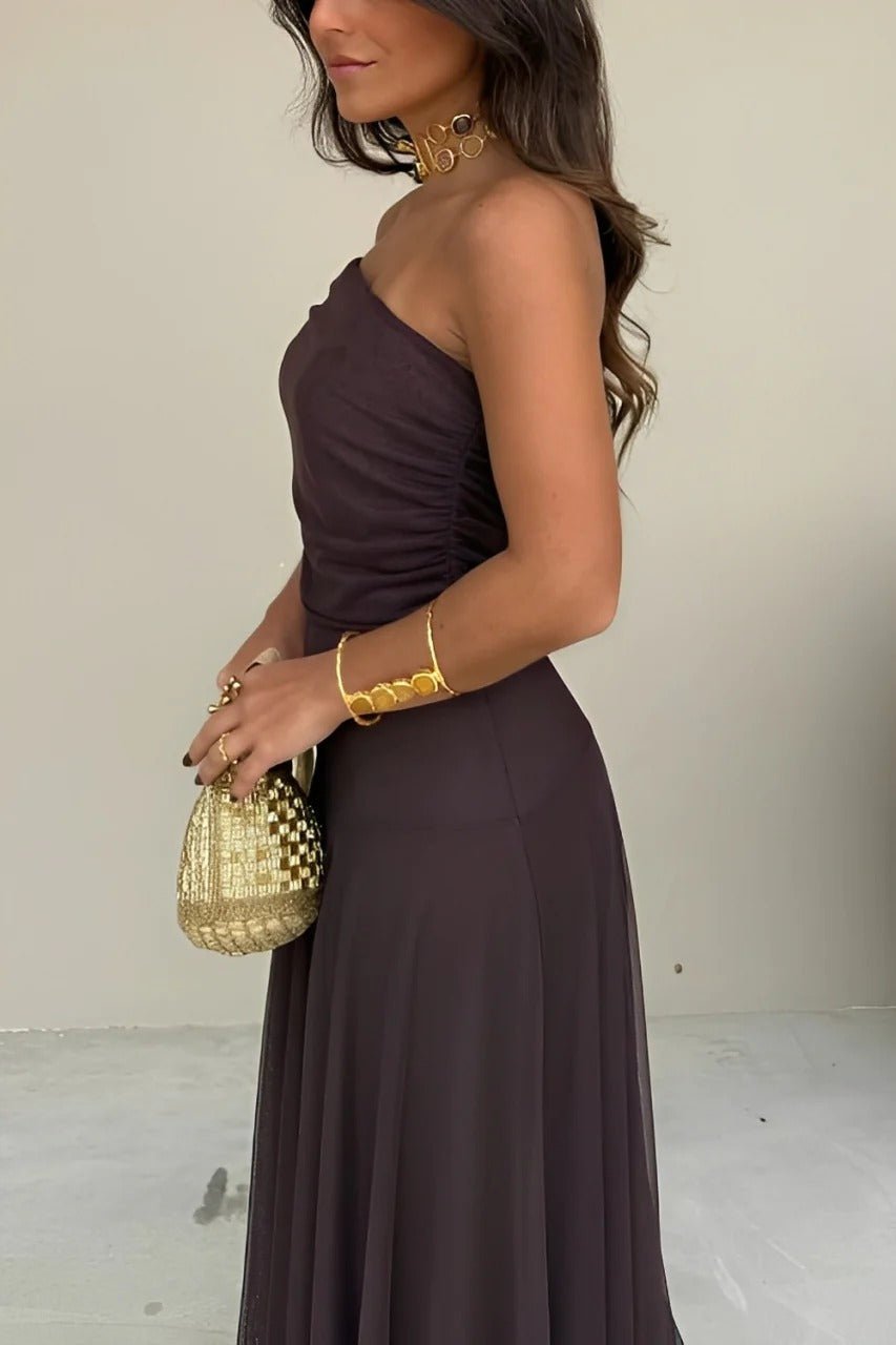 Cecile off-shoulder gerimpelde maxi-jurk