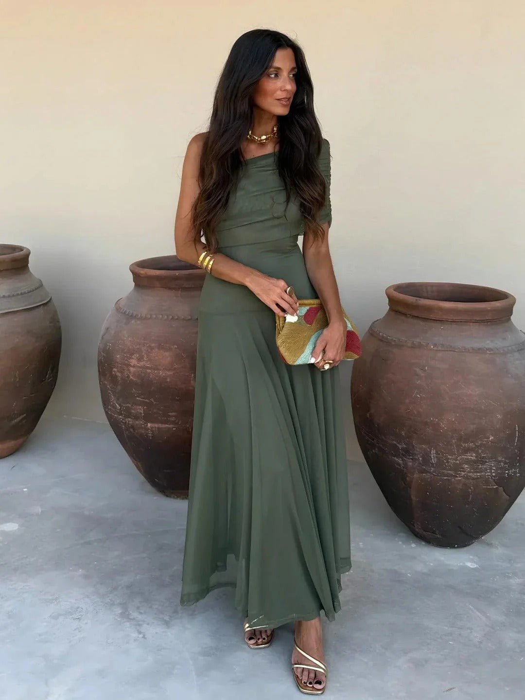 Cecile off-shoulder gerimpelde maxi-jurk