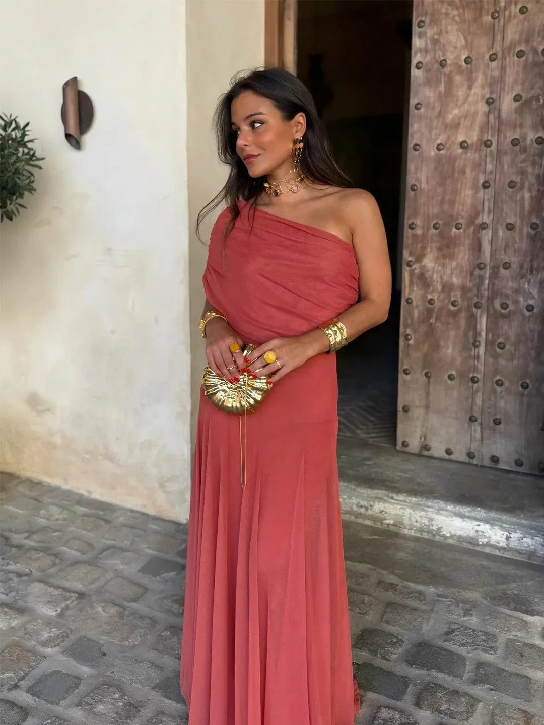 Cecile off-shoulder gerimpelde maxi-jurk