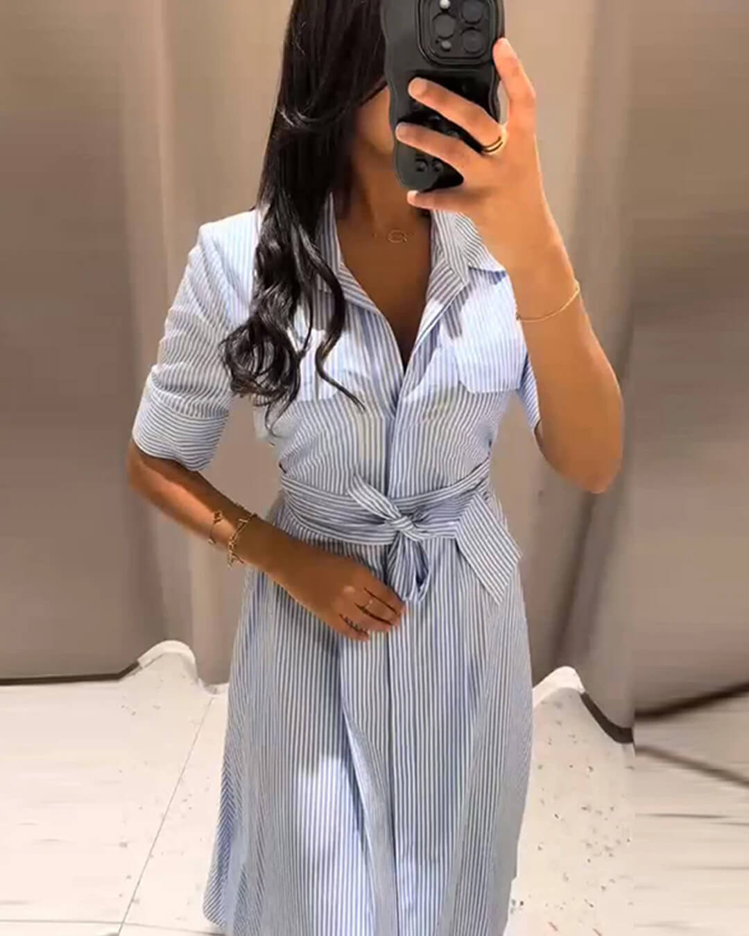 Rochie maxi Winona în dungi cu guler cu șiret