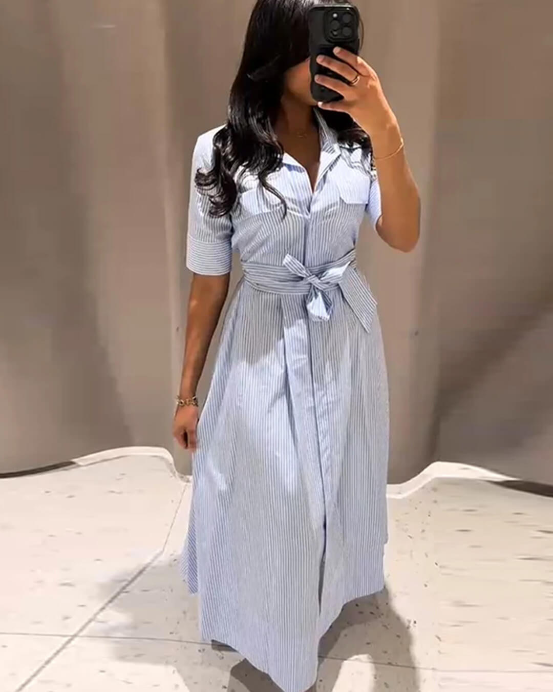 Rochie maxi Winona în dungi cu guler cu șiret