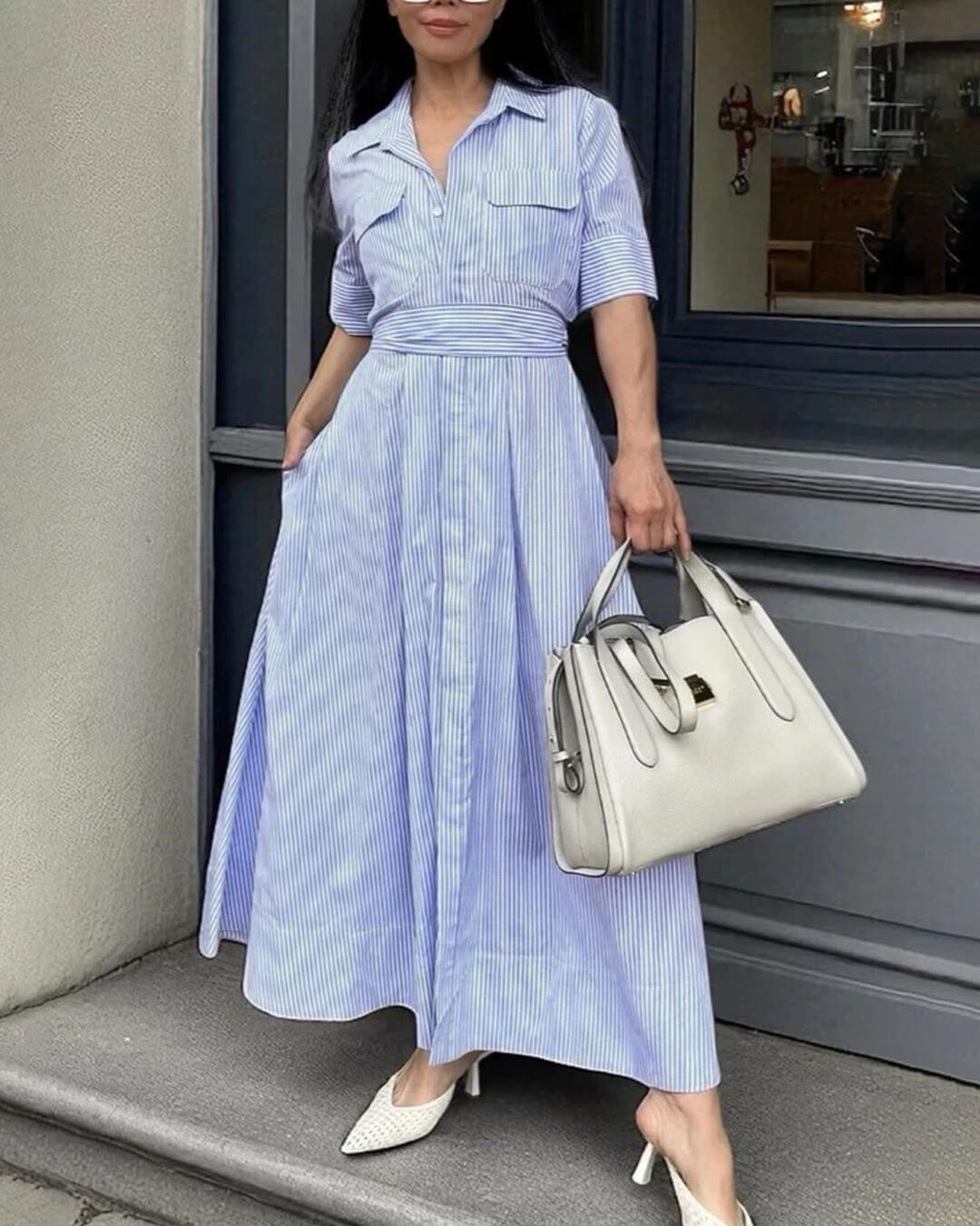 Rochie maxi Winona în dungi cu guler cu șiret