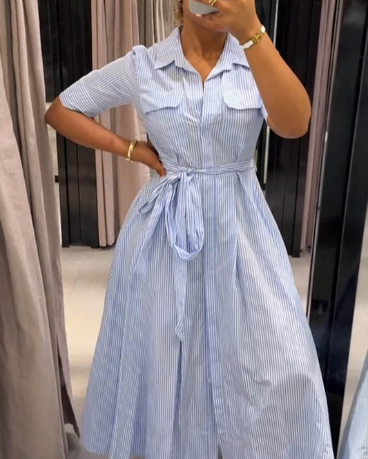 Rochie maxi Winona în dungi cu guler cu șiret
