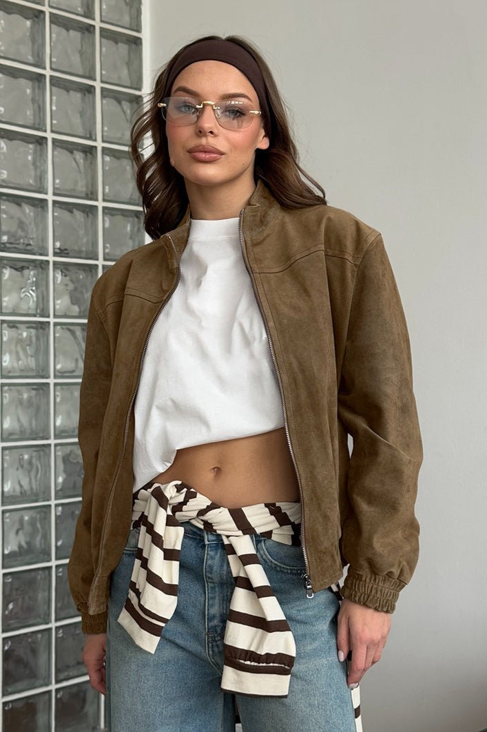 Olivia Vintage Khaki Velourslederjacke