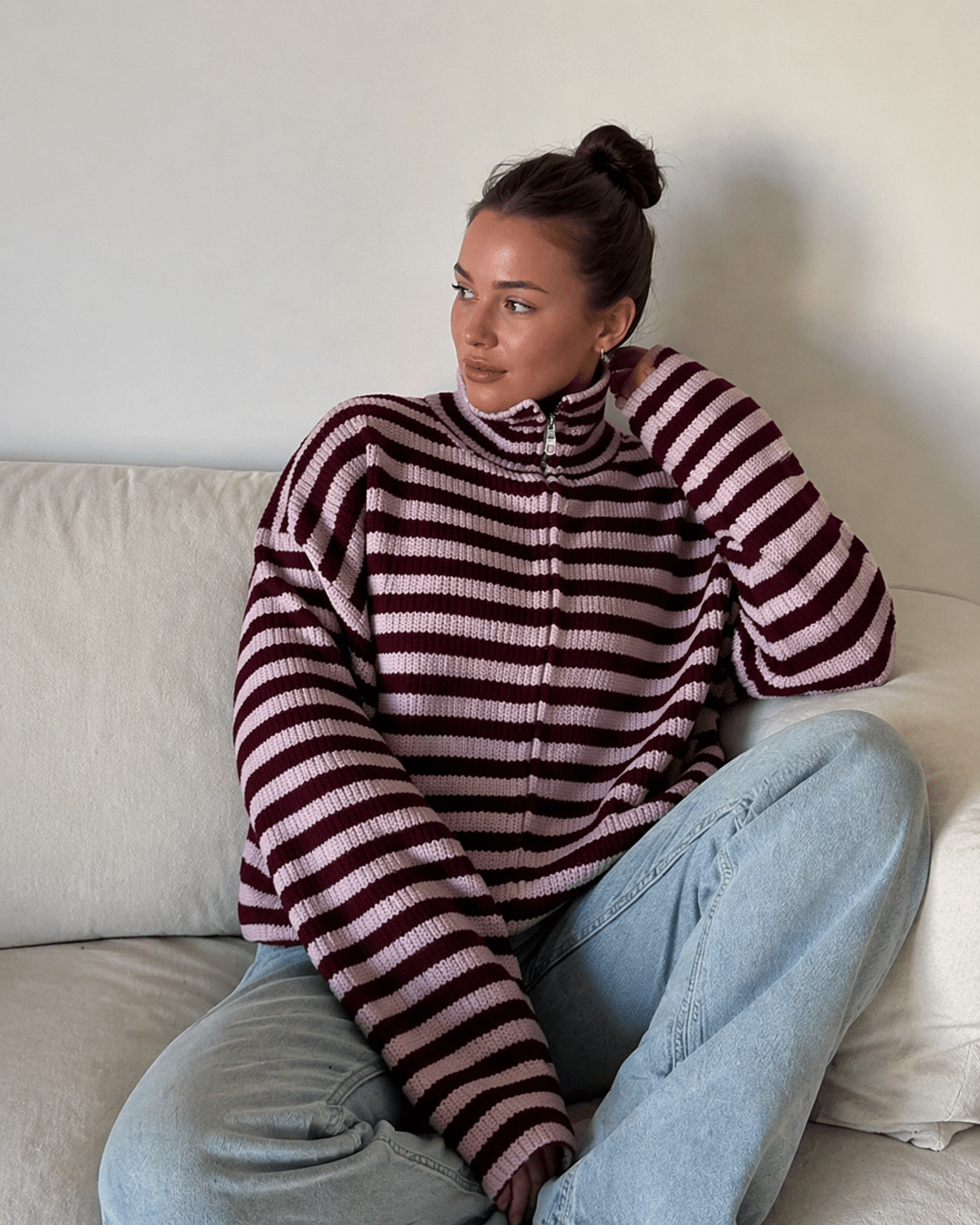 Leah Striped Knit High-Neck Sweater