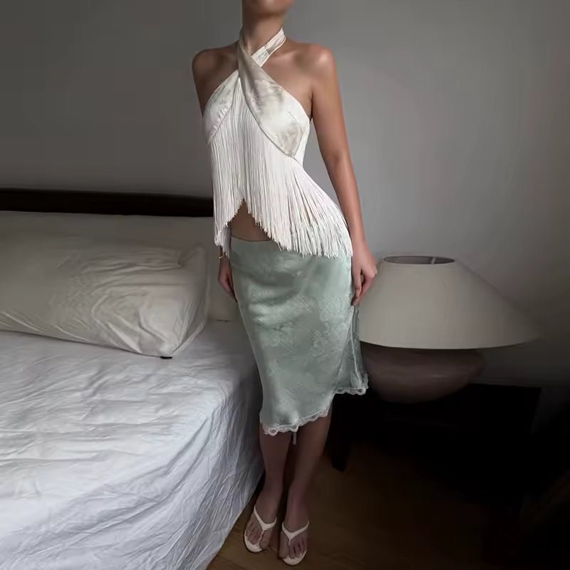 Gina Satin Fringed Halter Top