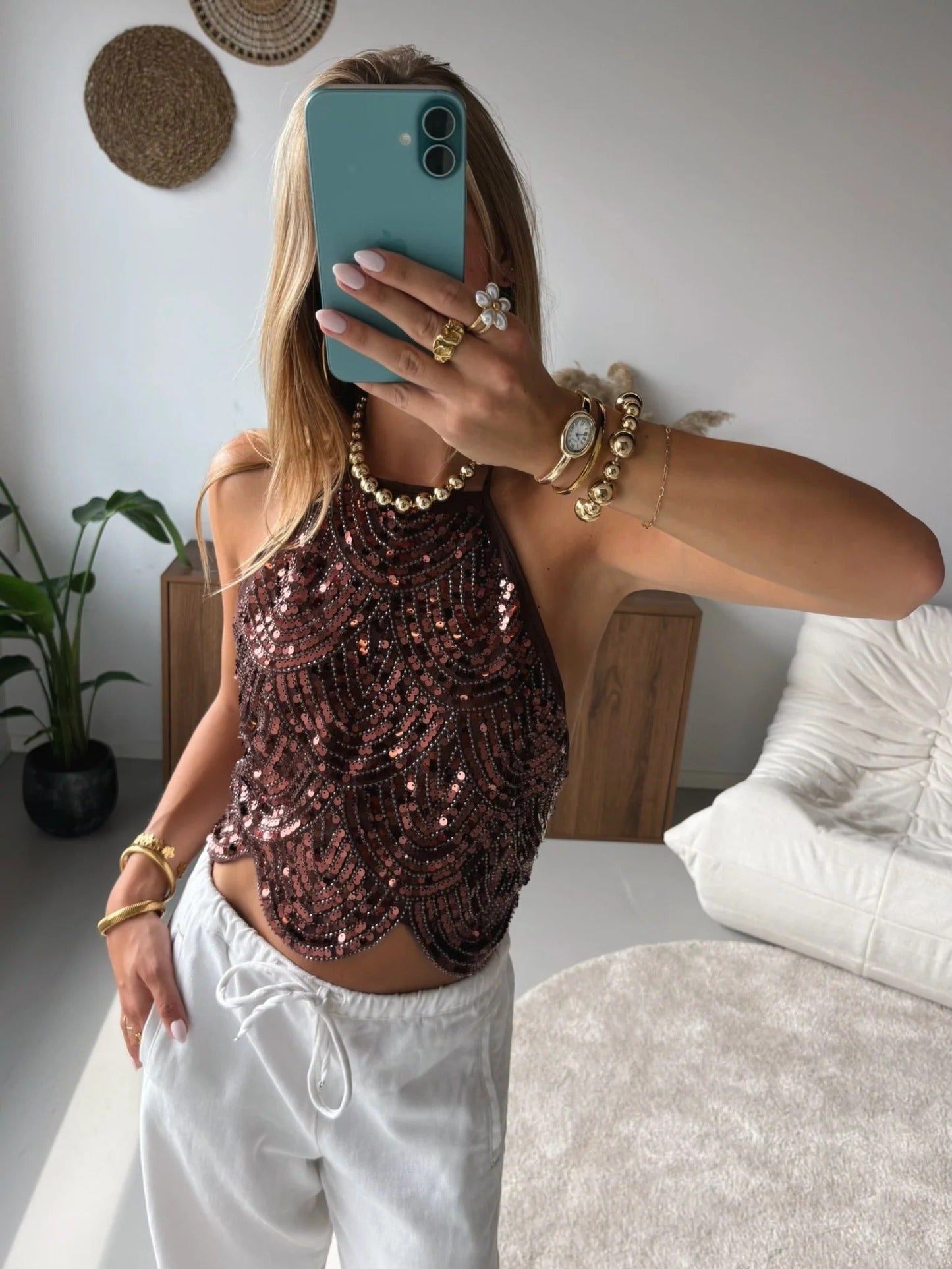 Valerie třpytivý halter top s flitry