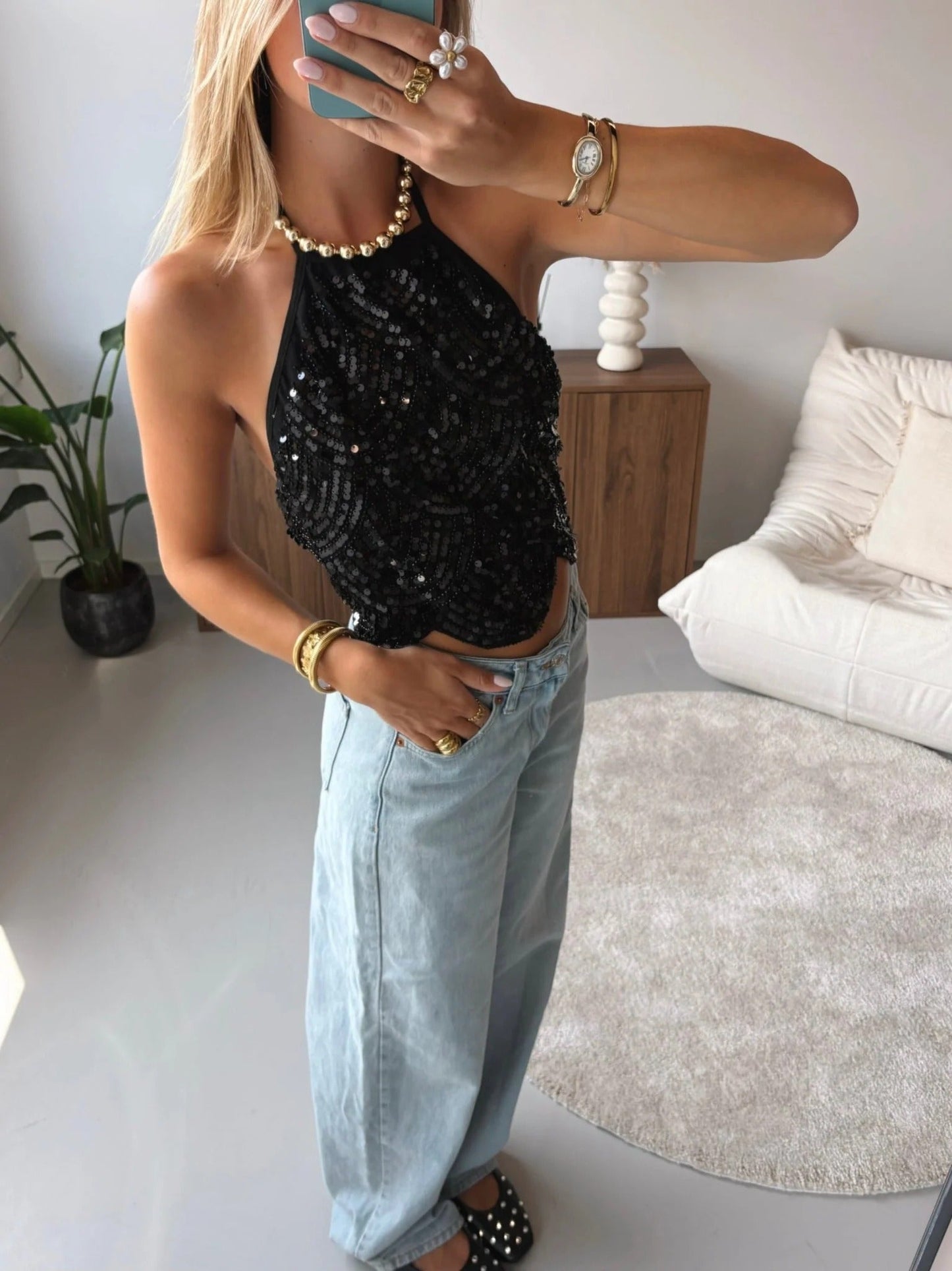 Valerie třpytivý halter top s flitry
