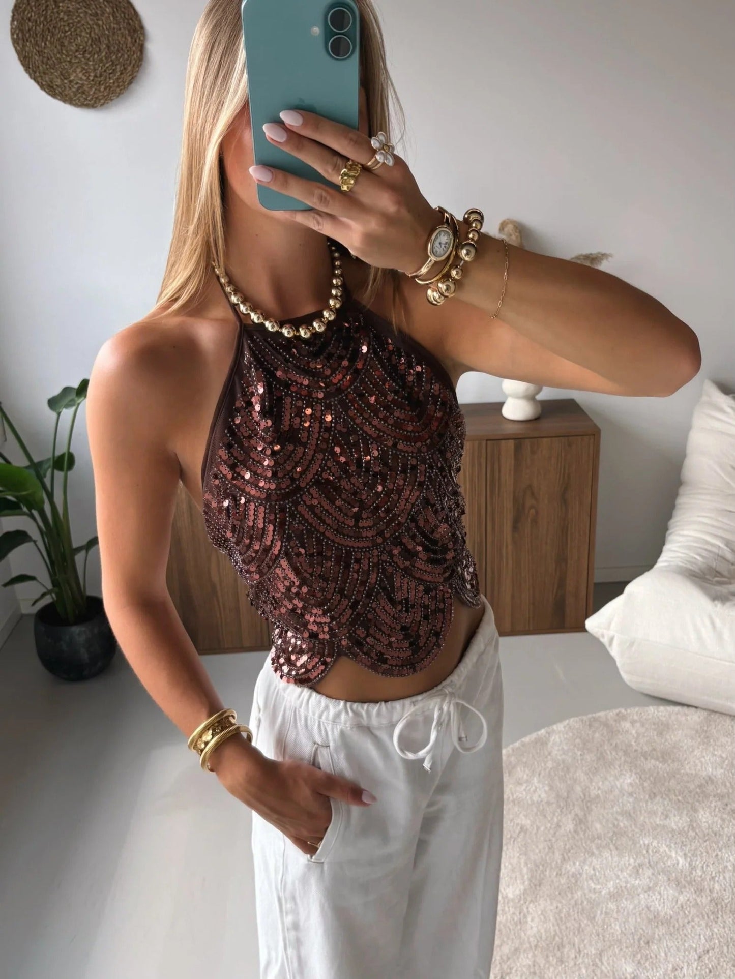 Valerie třpytivý halter top s flitry