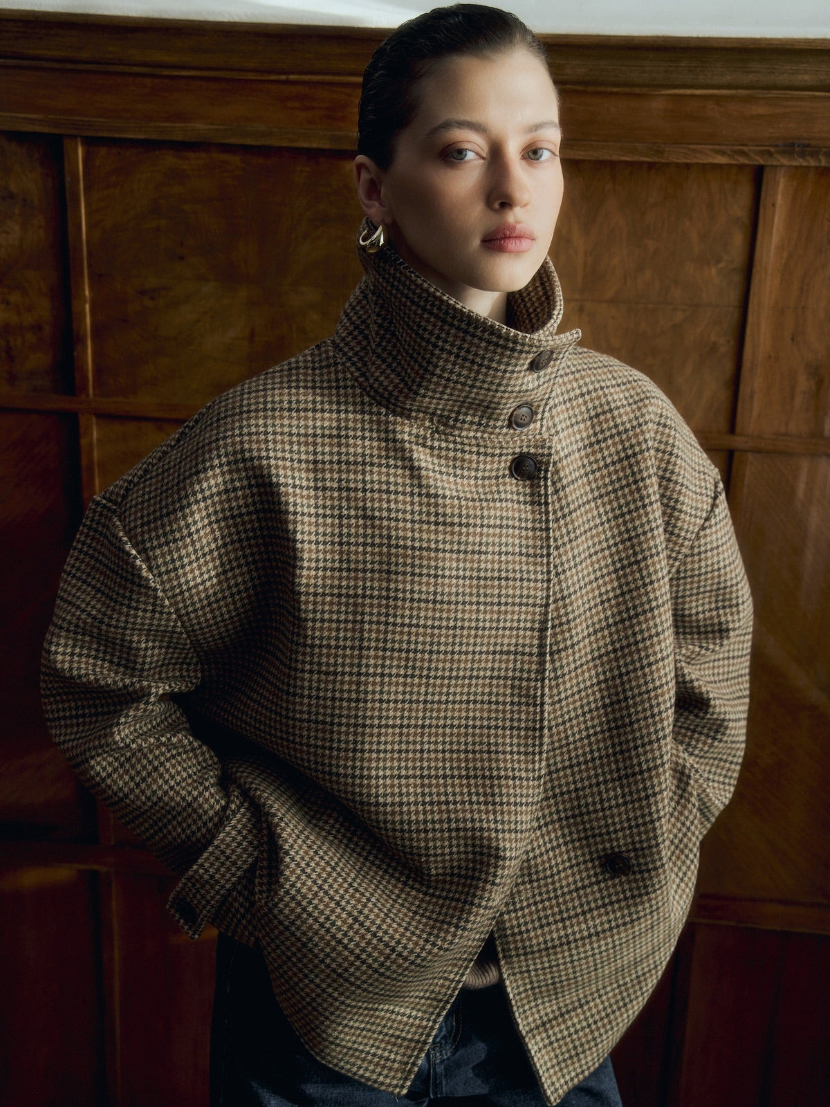 ZEYA - Amy Funnel Neck Houndstooth Short Jacket