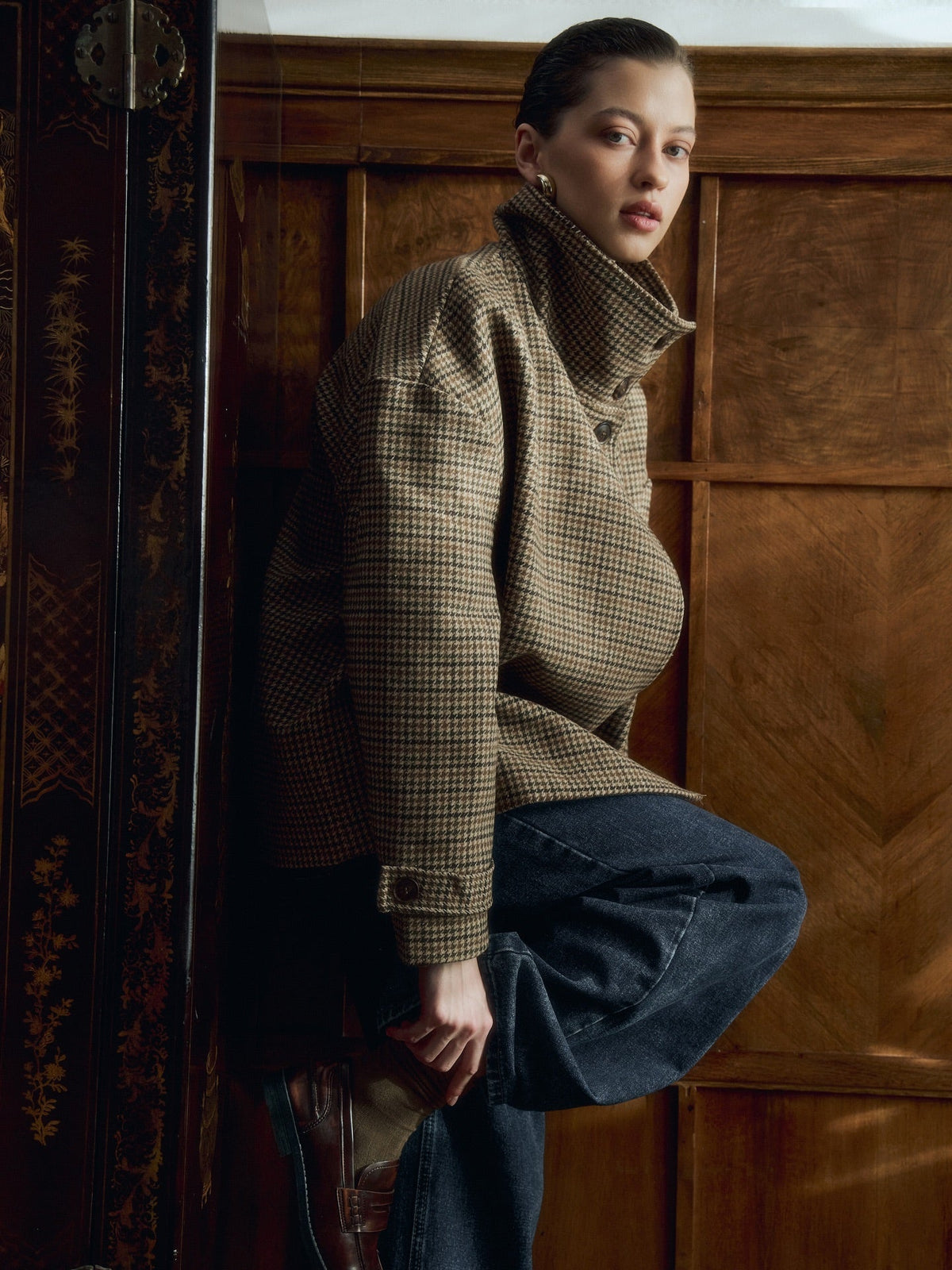 ZEYA - Amy Funnel Neck Houndstooth Short Jacket