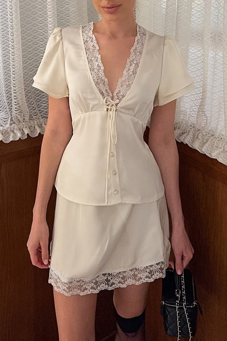 ZEYA - Bianca Satin Lace V - Neck Tie - Waist Skirt Set