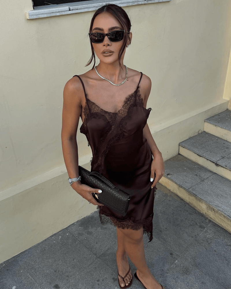 ZEYA - Chiara Asymmetric Satin Lace Midi Dress